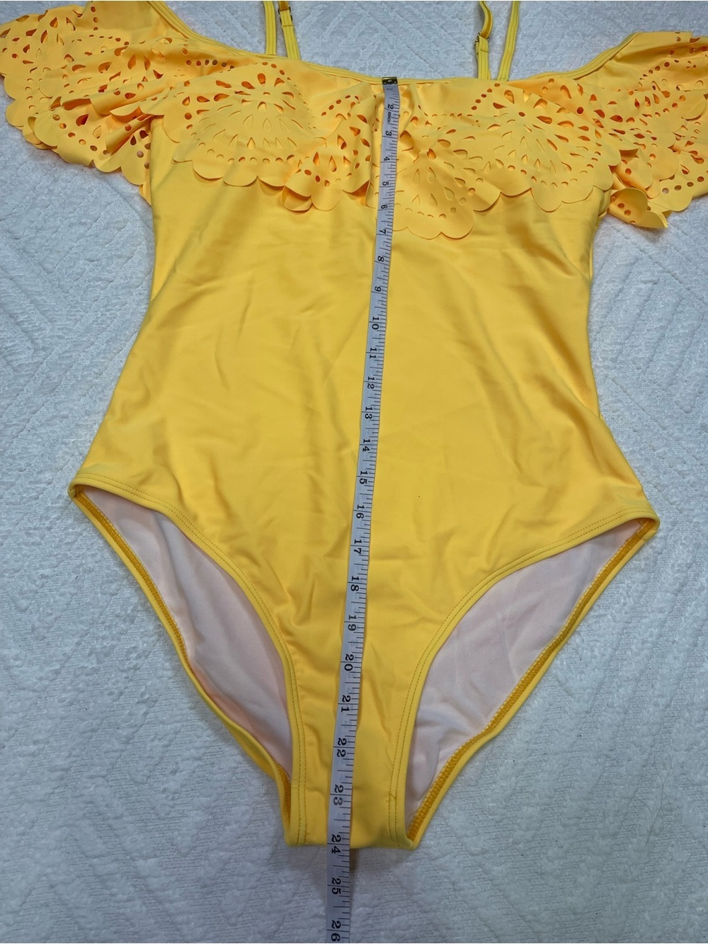 Holipick Yellow Off-the-Shoulder One-Piece Swimsuit with Eyelet Ruffle Size L - Picture 14 of 15